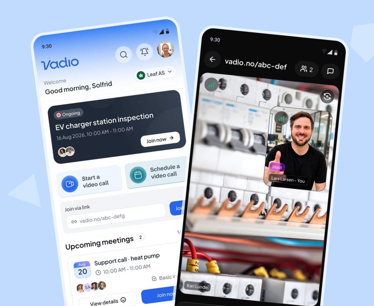 Two phones running the Vadio app: the home screen with an ongoing EV charger station inspection, and a video call with a technician in front of an open fuse box