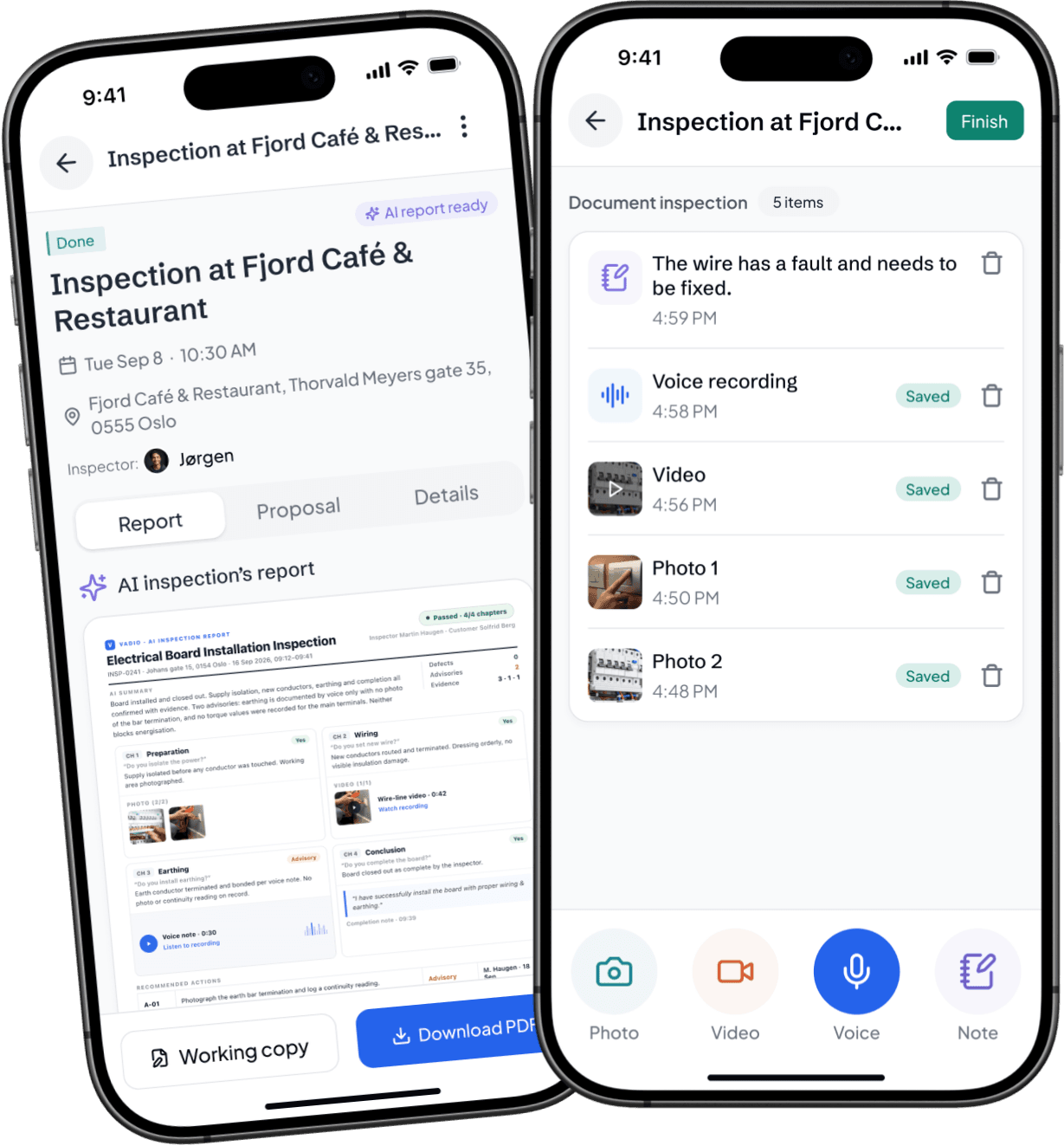 An inspection being documented in the Vadio app: a note, a voice recording, a video and two photos; behind it, the AI inspection report for Fjord Café & Restaurant in the Vadio app, ready to download as a PDF