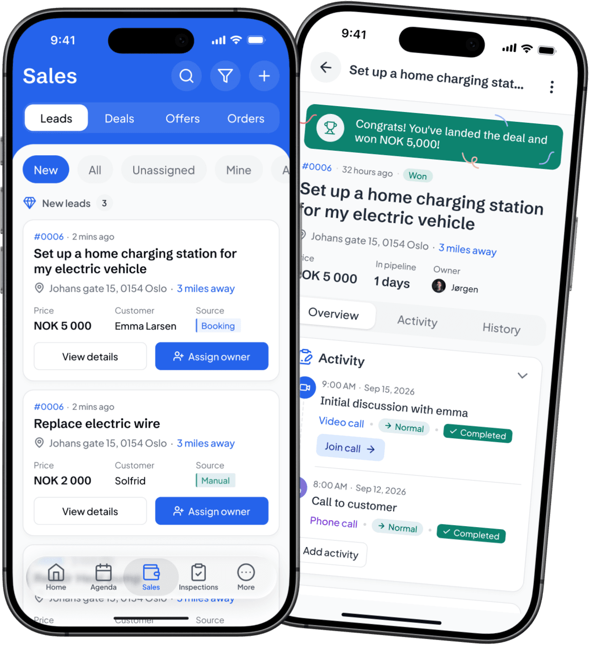 The Sales screen of the Vadio app: new leads, each with its price, customer and source; behind it, a won deal in the Vadio app, set up a home charging station, with its activity history