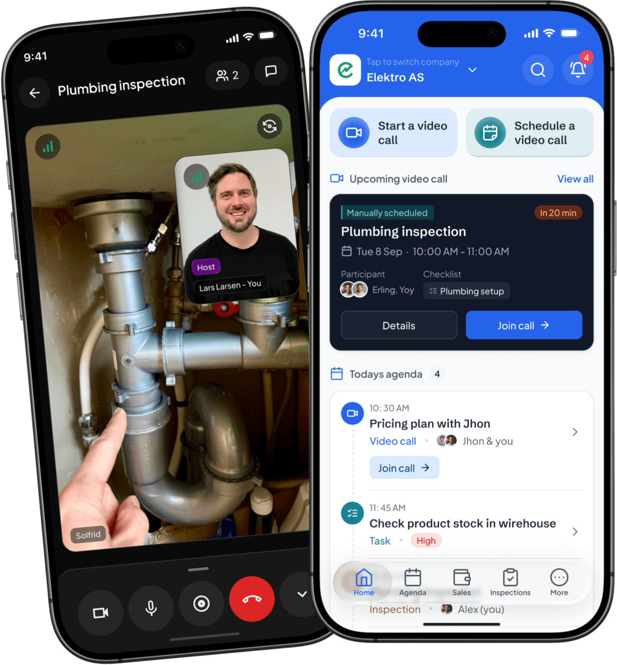 The Vadio app home screen with an upcoming plumbing inspection video call ready to join; behind it, a video call in the Vadio app, the customer showing the pipes under a sink to the technician