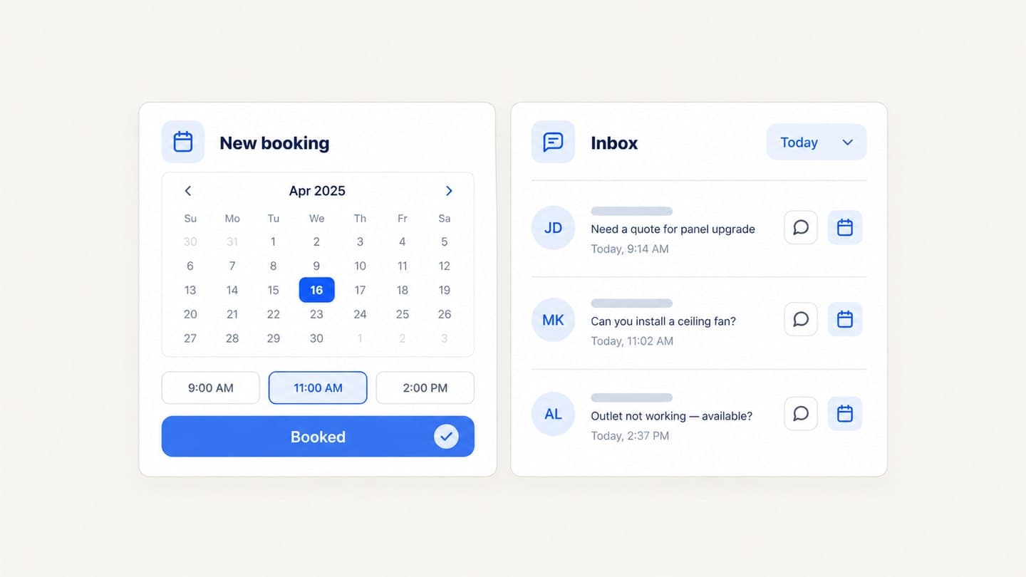 A booking calendar with a time booked, beside the Vadio inbox