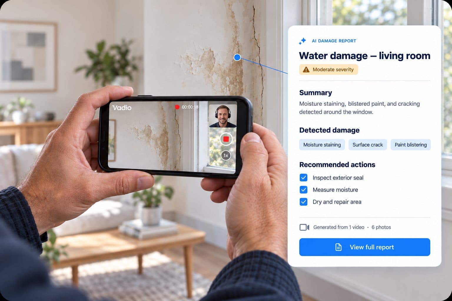 A phone films water damage by a window in a Vadio call, beside an AI damage report listing moisture staining, a surface crack and paint blistering