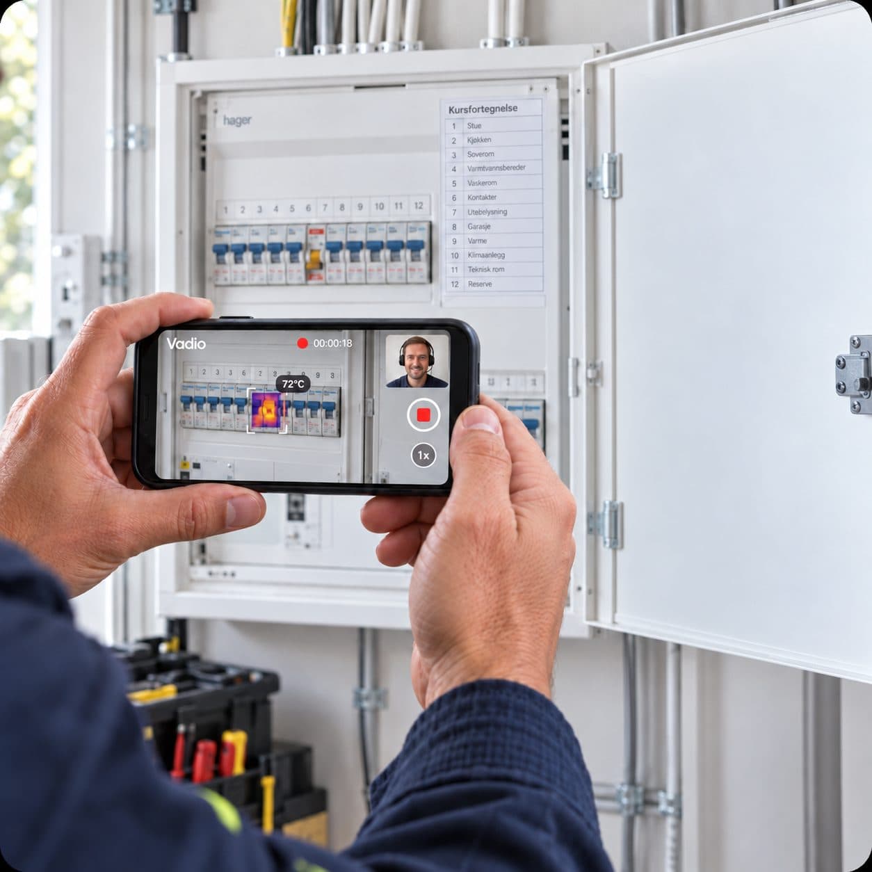 A phone films a fuse box in a Vadio call, a thermal overlay reading 72 °C on one breaker