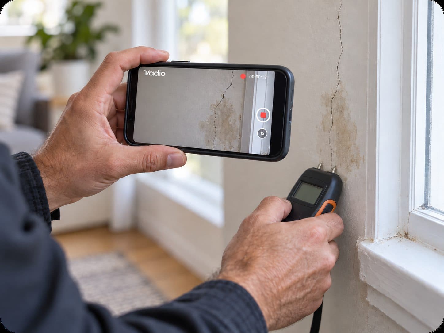 Hands hold a phone filming a cracked, damp wall during a Vadio video call while a moisture meter presses against it