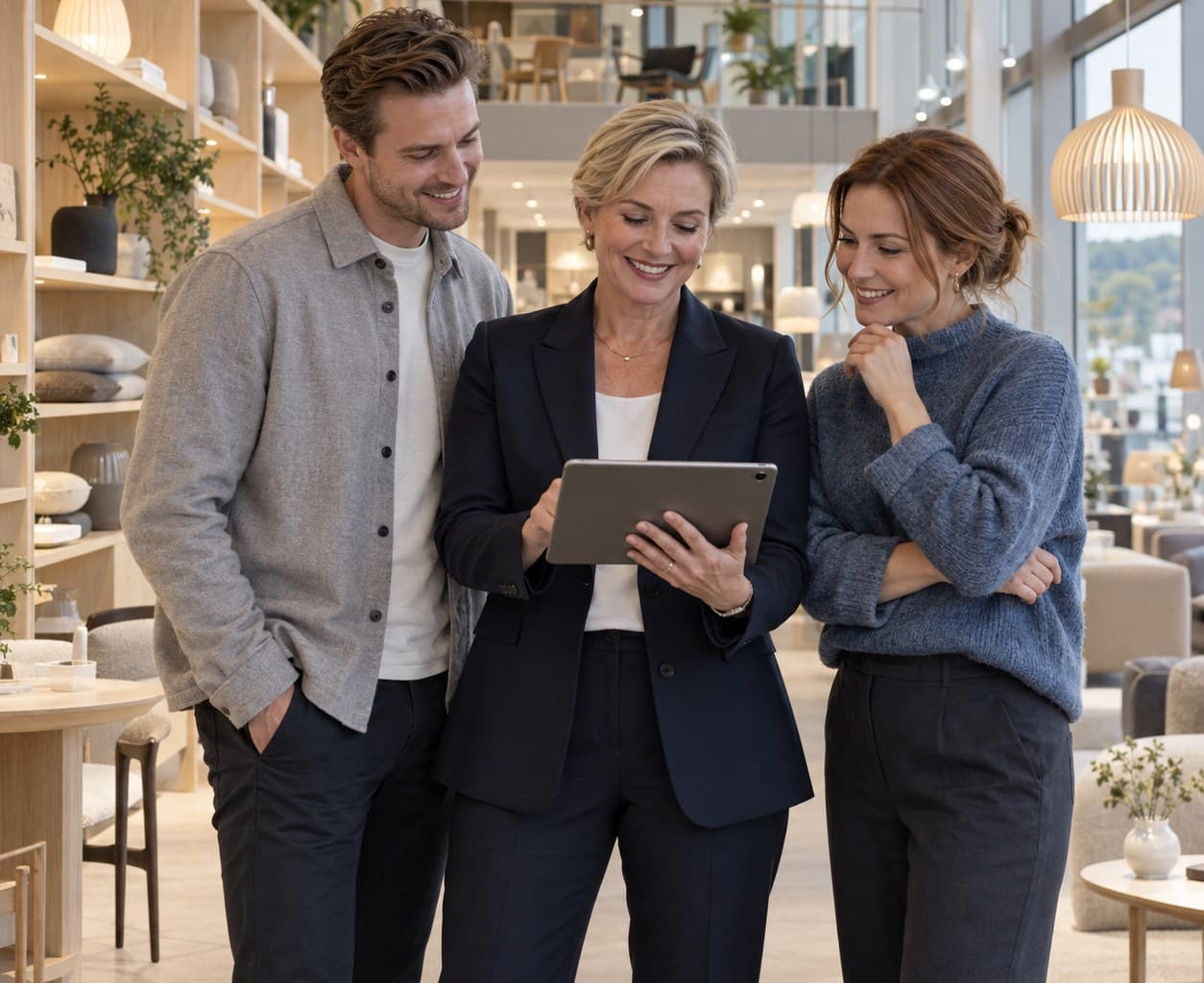 Three colleagues in a furniture shop smile at a tablet one of them is holding