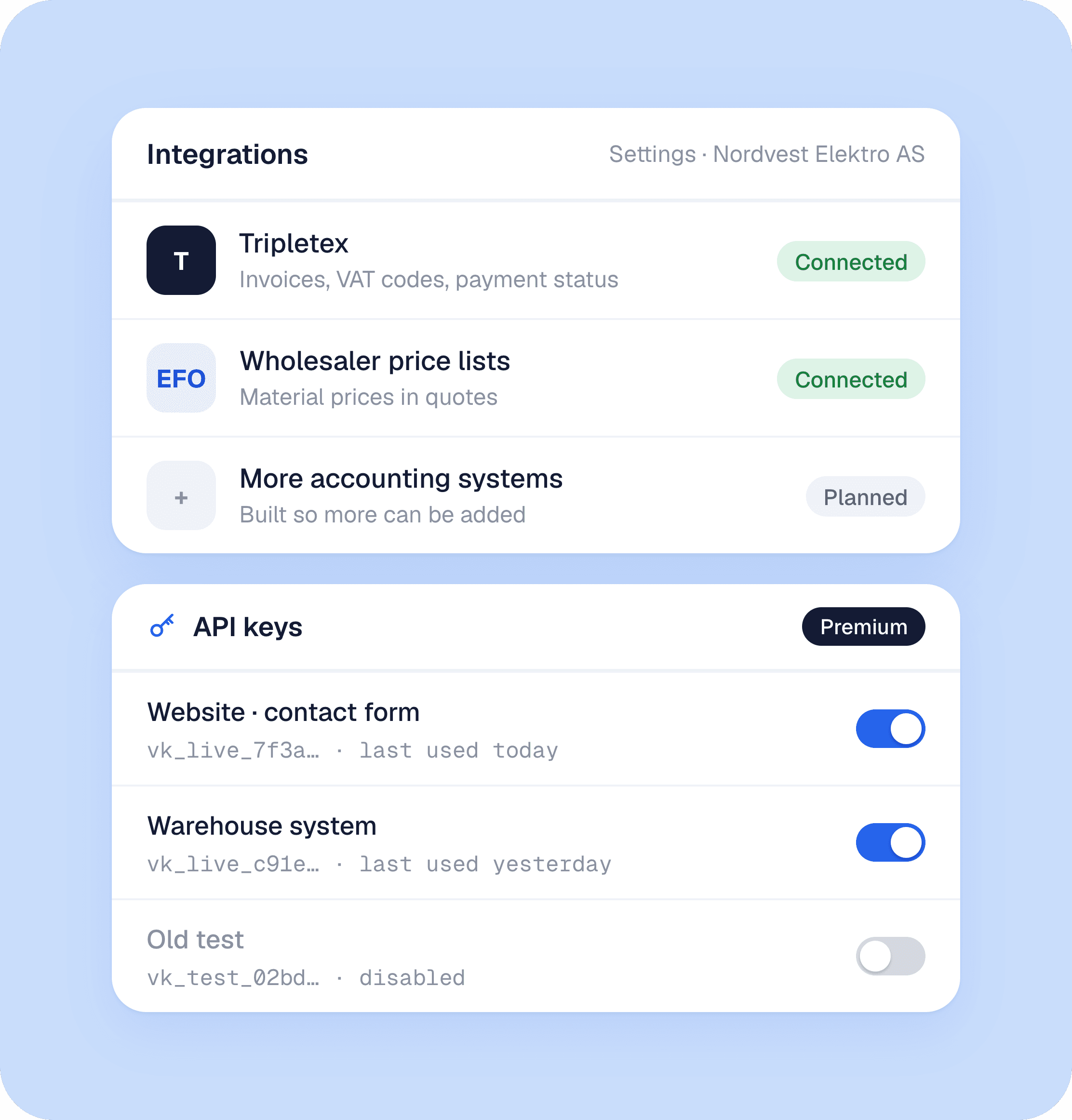 Vadio integration settings: Tripletex and wholesaler price lists connected, and API keys for a website contact form and a warehouse system