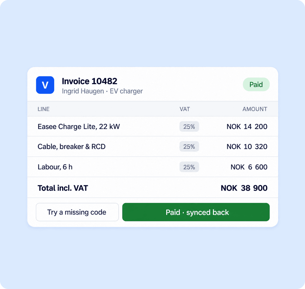 Invoice 10482 in Vadio, paid and synced back from Tripletex