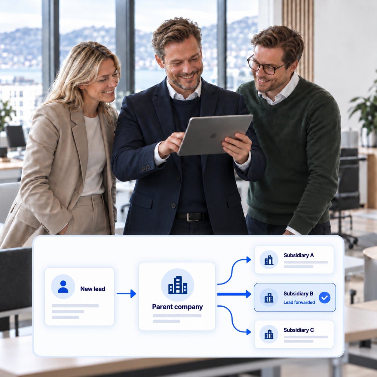 Three colleagues look at a tablet, over a diagram of a new lead routed from the parent company to a subsidiary