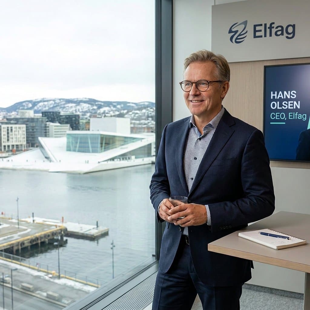 Hans Olsen, head of Elfag, by a window over the Oslo Opera House