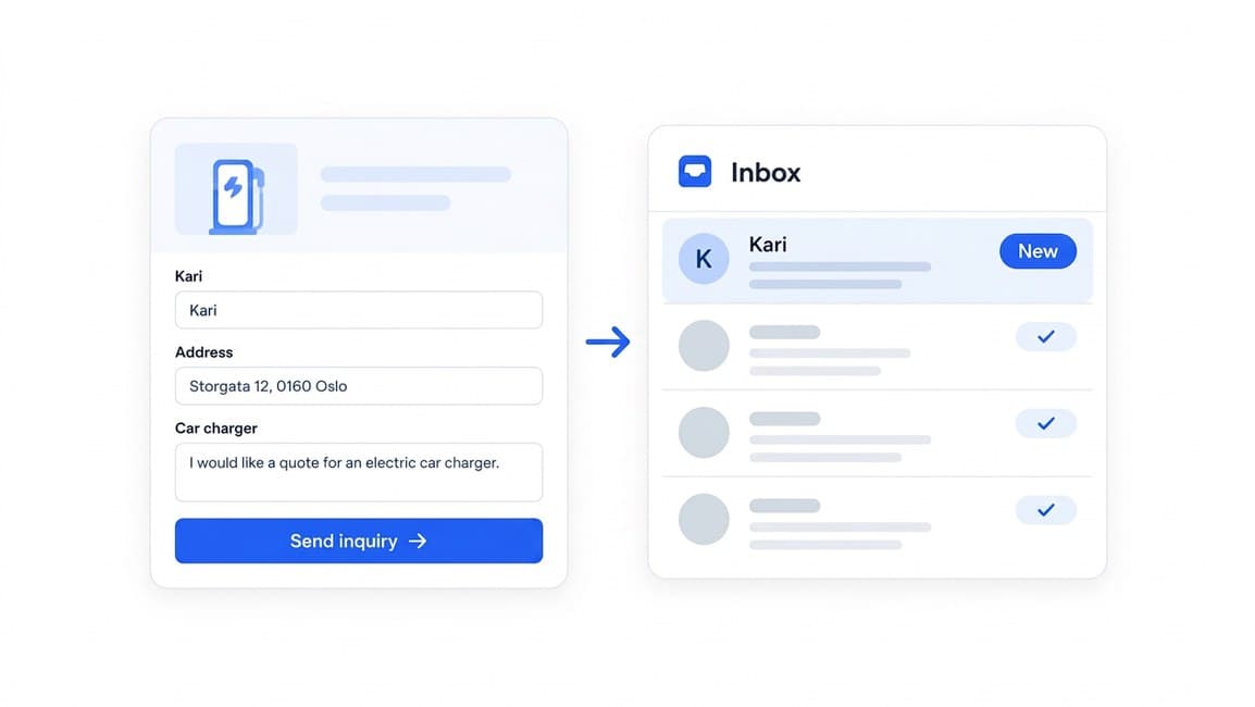 A website inquiry form beside the Vadio inbox, where Kari’s request arrives as new