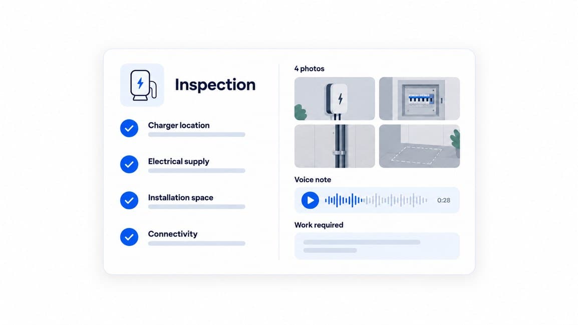 An inspection checklist with photos, a voice note and the work required
